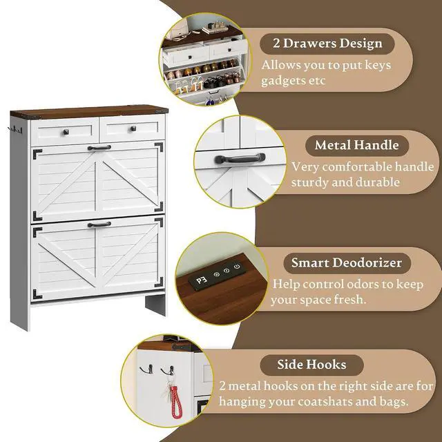 Alt view image 5 of 7 - Shoe Cabinet with Odor Control Deodorizer and Back Panel, Farmhouse Narrow Shoe Storage Cabinet Rack for Entryway with 2 Flip Drawers and 2 Top Drawers, Adjustable Shelves, Side Hooks