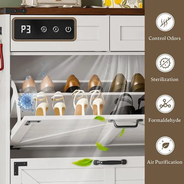 Alt view image 6 of 7 - Shoe Cabinet with Odor Control Deodorizer and Back Panel, Farmhouse Narrow Shoe Storage Cabinet Rack for Entryway with 2 Flip Drawers and 2 Top Drawers, Adjustable Shelves, Side Hooks