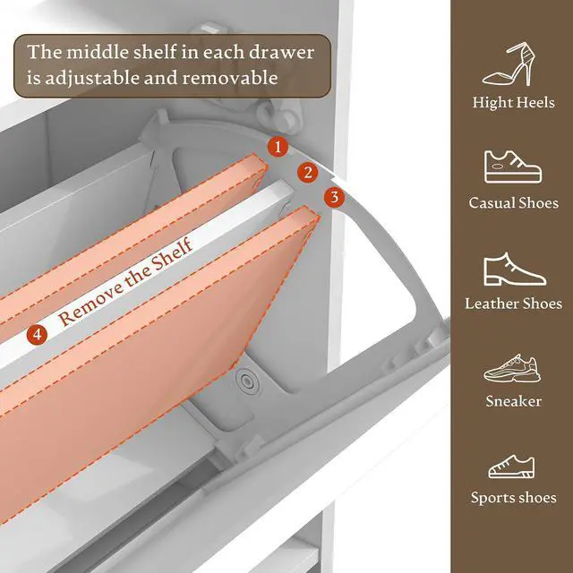 Alt view image 7 of 7 - Shoe Cabinet with Odor Control Deodorizer and Back Panel, Farmhouse Narrow Shoe Storage Cabinet Rack for Entryway with 2 Flip Drawers and 2 Top Drawers, Adjustable Shelves, Side Hooks