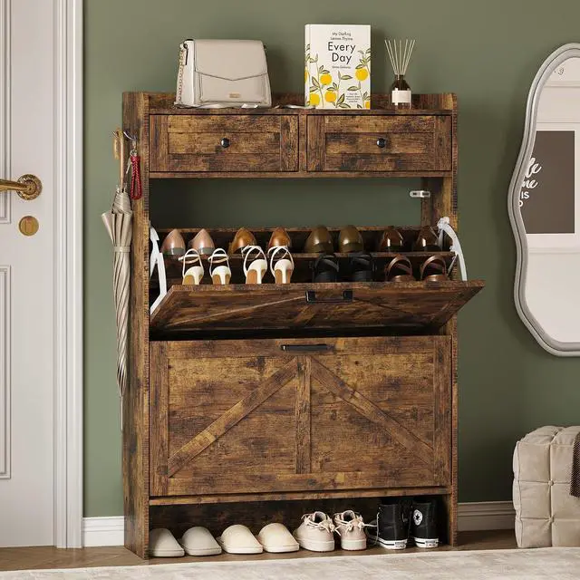 Main image of Shoe Storage Cabinet for Entryway, Farmhouse Narrow Shoe Cabinet with 2 Flip Drawers & Top Drawers, Adjustable Shelves & Hooks, Freestanding Hidden Rack Organizer for Hallway, Foyer