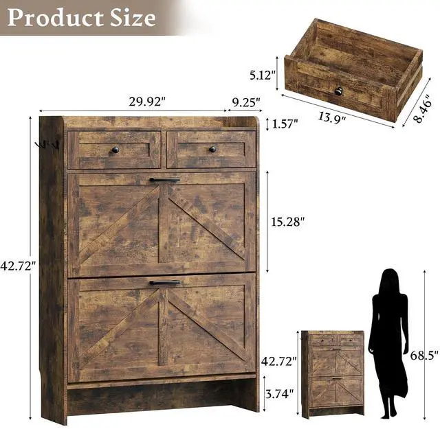 Alt view image 2 of 7 - Shoe Storage Cabinet for Entryway, Farmhouse Narrow Shoe Cabinet with 2 Flip Drawers & Top Drawers, Adjustable Shelves & Hooks, Freestanding Hidden Rack Organizer for Hallway, Foyer