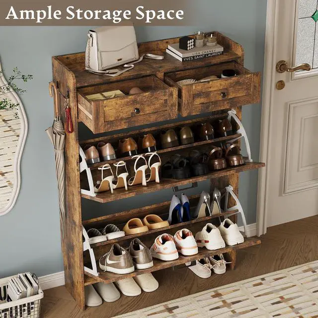 Alt view image 3 of 7 - Shoe Storage Cabinet for Entryway, Farmhouse Narrow Shoe Cabinet with 2 Flip Drawers & Top Drawers, Adjustable Shelves & Hooks, Freestanding Hidden Rack Organizer for Hallway, Foyer