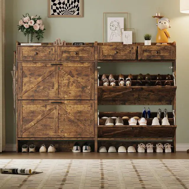 Alt view image 4 of 7 - Shoe Storage Cabinet for Entryway, Farmhouse Narrow Shoe Cabinet with 2 Flip Drawers & Top Drawers, Adjustable Shelves & Hooks, Freestanding Hidden Rack Organizer for Hallway, Foyer