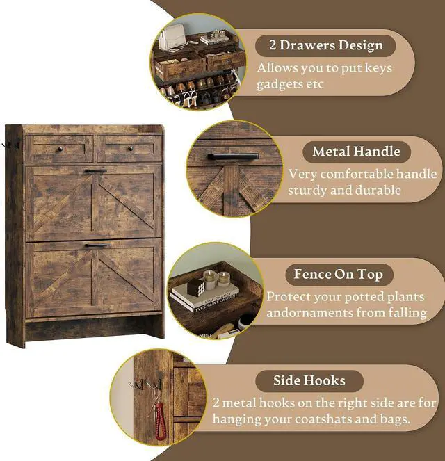 Alt view image 6 of 7 - Shoe Storage Cabinet for Entryway, Farmhouse Narrow Shoe Cabinet with 2 Flip Drawers & Top Drawers, Adjustable Shelves & Hooks, Freestanding Hidden Rack Organizer for Hallway, Foyer