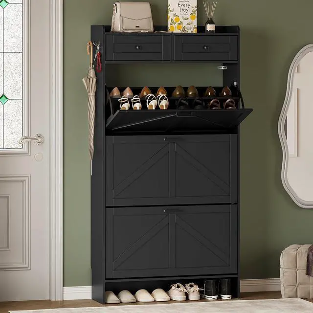 Main image of Shoe Storage Cabinet for Entryway, Farmhouse Narrow Shoe Cabinet with 3 Flip Drawers & 2 Top Drawers, Adjustable Shelves & Hooks, Freestanding Hidden Rack Organizer for Hallway, Foyer