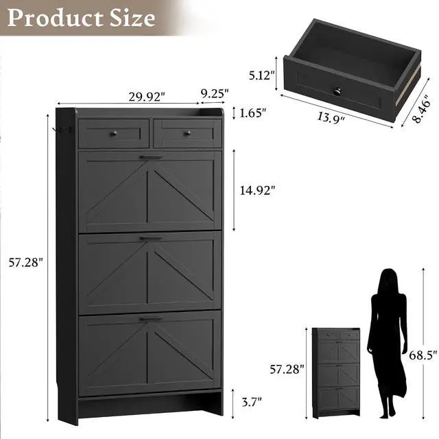 Alt view image 2 of 7 - Shoe Storage Cabinet for Entryway, Farmhouse Narrow Shoe Cabinet with 3 Flip Drawers & 2 Top Drawers, Adjustable Shelves & Hooks, Freestanding Hidden Rack Organizer for Hallway, Foyer