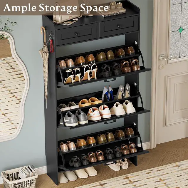 Alt view image 3 of 7 - Shoe Storage Cabinet for Entryway, Farmhouse Narrow Shoe Cabinet with 3 Flip Drawers & 2 Top Drawers, Adjustable Shelves & Hooks, Freestanding Hidden Rack Organizer for Hallway, Foyer