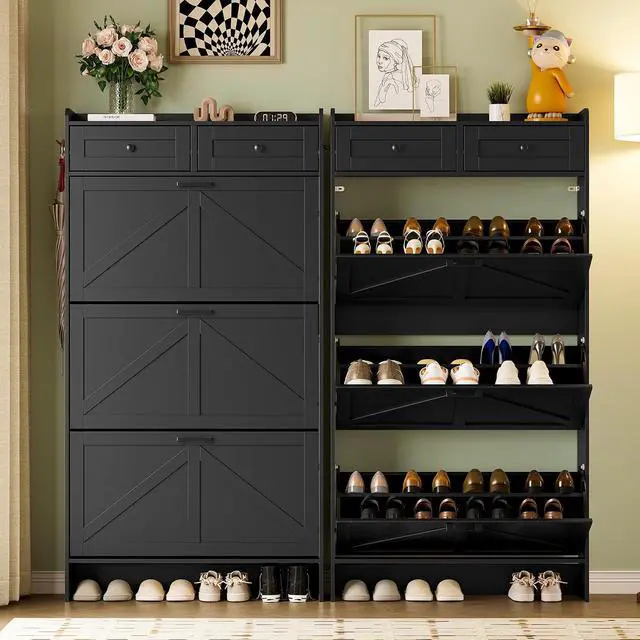 Alt view image 4 of 7 - Shoe Storage Cabinet for Entryway, Farmhouse Narrow Shoe Cabinet with 3 Flip Drawers & 2 Top Drawers, Adjustable Shelves & Hooks, Freestanding Hidden Rack Organizer for Hallway, Foyer