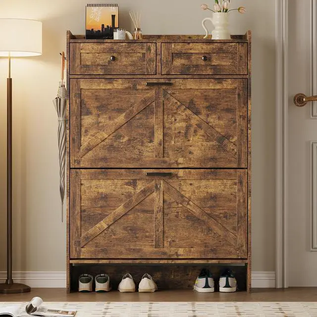 Alt view image 5 of 7 - Shoe Storage Cabinet for Entryway, Farmhouse Narrow Shoe Cabinet with 2 Flip Drawers & Top Drawers, Adjustable Shelves & Hooks, Freestanding Hidden Rack Organizer for Hallway, Foyer
