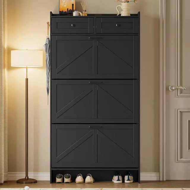Alt view image 5 of 7 - Shoe Storage Cabinet for Entryway, Farmhouse Narrow Shoe Cabinet with 3 Flip Drawers & 2 Top Drawers, Adjustable Shelves & Hooks, Freestanding Hidden Rack Organizer for Hallway, Foyer