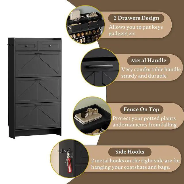 Alt view image 6 of 7 - Shoe Storage Cabinet for Entryway, Farmhouse Narrow Shoe Cabinet with 3 Flip Drawers & 2 Top Drawers, Adjustable Shelves & Hooks, Freestanding Hidden Rack Organizer for Hallway, Foyer