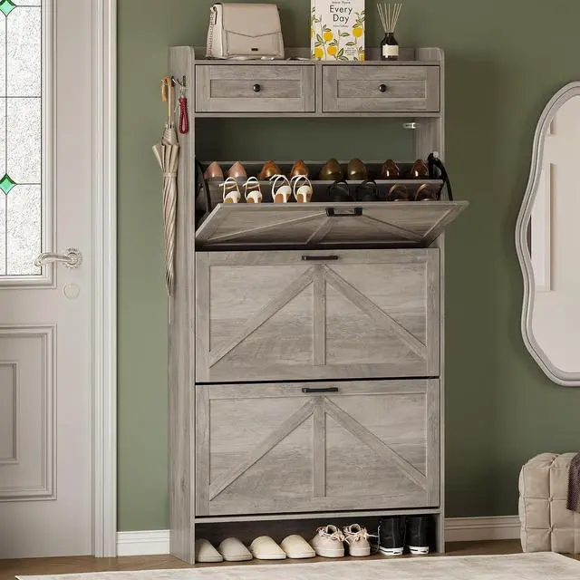 Main image of Shoe Storage Cabinet for Entryway, Farmhouse Narrow Shoe Cabinet with 3 Flip Drawers & 2 Top Drawers, Adjustable Shelves & Hooks, Freestanding Hidden Rack Organizer for Hallway, Foyer