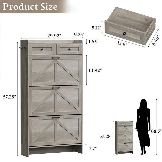 Alt view image 2 of 7 - Shoe Storage Cabinet for Entryway, Farmhouse Narrow Shoe Cabinet with 3 Flip Drawers & 2 Top Drawers, Adjustable Shelves & Hooks, Freestanding Hidden Rack Organizer for Hallway, Foyer