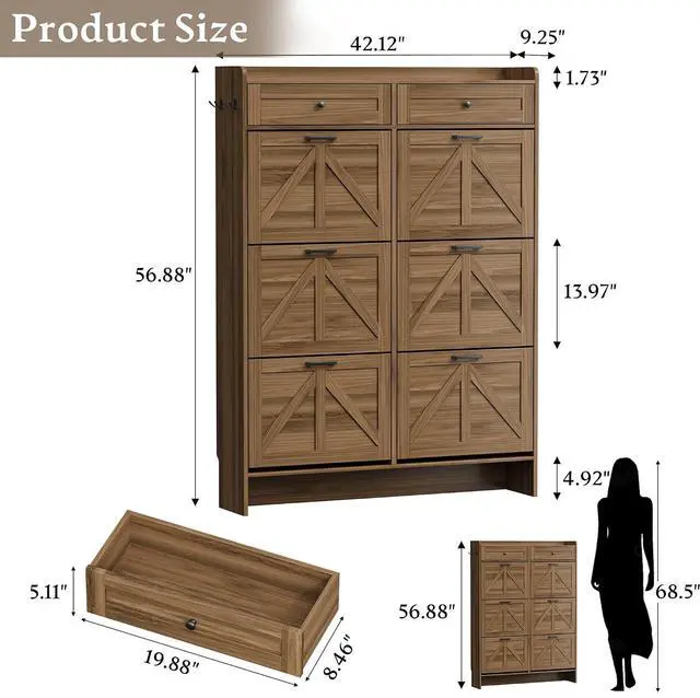 Alt view image 2 of 7 - Shoe Cabinet for Entryway, Farmhouse Shoe Storage Cabinet with 6 Flip Drawers and 2 Top Drawers, Tall Narrow Shoe Organizer Cabinet with Adjustable Shelves, Side Hooks and Anti-Tip Kit