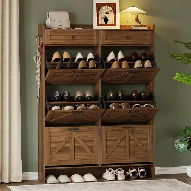 Main image of Shoe Cabinet for Entryway, Farmhouse Shoe Storage Cabinet with 6 Flip Drawers and 2 Top Drawers, Tall Narrow Shoe Organizer Cabinet with Adjustable Shelves, Side Hooks and Anti-Tip Kit