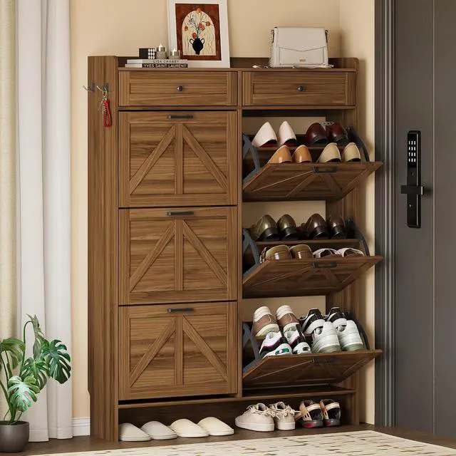 Alt view image 4 of 7 - Shoe Cabinet for Entryway, Farmhouse Shoe Storage Cabinet with 6 Flip Drawers and 2 Top Drawers, Tall Narrow Shoe Organizer Cabinet with Adjustable Shelves, Side Hooks and Anti-Tip Kit