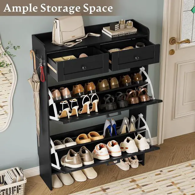 Alt view image 3 of 7 - Shoe Storage Cabinet for Entryway, Farmhouse Narrow Shoe Cabinet with 2 Flip Drawers & Top Drawers, Adjustable Shelves & Hooks, Freestanding Hidden Rack Organizer for Hallway, Foyer