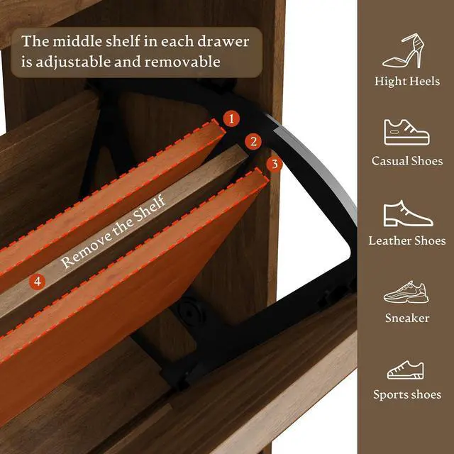 Alt view image 7 of 7 - Shoe Cabinet for Entryway, Farmhouse Shoe Storage Cabinet with 6 Flip Drawers and 2 Top Drawers, Tall Narrow Shoe Organizer Cabinet with Adjustable Shelves, Side Hooks and Anti-Tip Kit