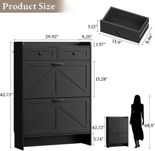 Alt view image 2 of 7 - Shoe Storage Cabinet for Entryway, Farmhouse Narrow Shoe Cabinet with 2 Flip Drawers & Top Drawers, Adjustable Shelves & Hooks, Freestanding Hidden Rack Organizer for Hallway, Foyer