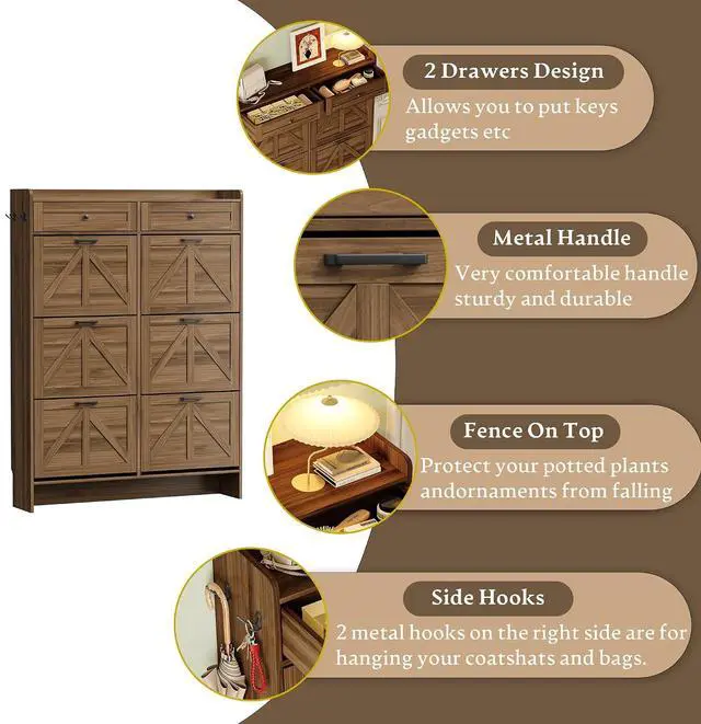 Alt view image 6 of 7 - Shoe Cabinet for Entryway, Farmhouse Shoe Storage Cabinet with 6 Flip Drawers and 2 Top Drawers, Tall Narrow Shoe Organizer Cabinet with Adjustable Shelves, Side Hooks and Anti-Tip Kit