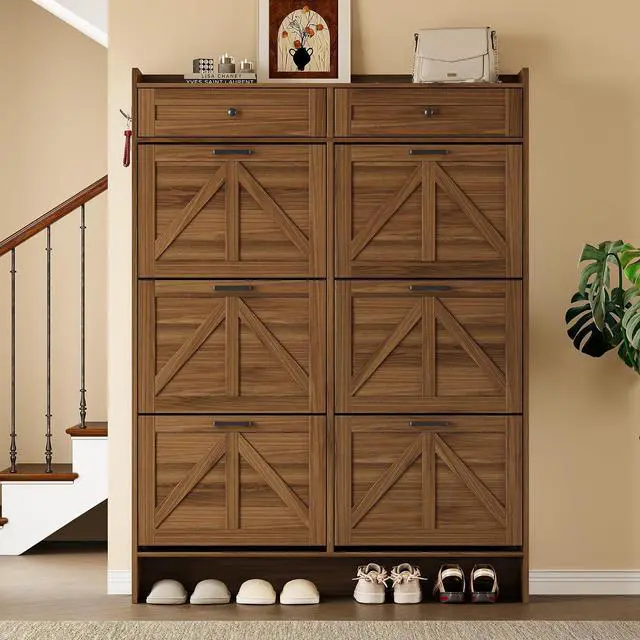 Alt view image 5 of 7 - Shoe Cabinet for Entryway, Farmhouse Shoe Storage Cabinet with 6 Flip Drawers and 2 Top Drawers, Tall Narrow Shoe Organizer Cabinet with Adjustable Shelves, Side Hooks and Anti-Tip Kit