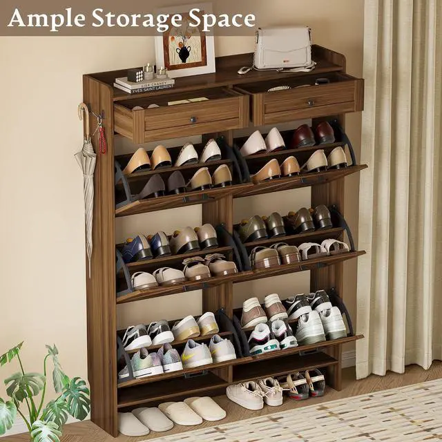 Alt view image 3 of 7 - Shoe Cabinet for Entryway, Farmhouse Shoe Storage Cabinet with 6 Flip Drawers and 2 Top Drawers, Tall Narrow Shoe Organizer Cabinet with Adjustable Shelves, Side Hooks and Anti-Tip Kit