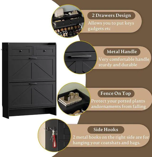 Alt view image 5 of 7 - Shoe Storage Cabinet for Entryway, Farmhouse Narrow Shoe Cabinet with 2 Flip Drawers & Top Drawers, Adjustable Shelves & Hooks, Freestanding Hidden Rack Organizer for Hallway, Foyer
