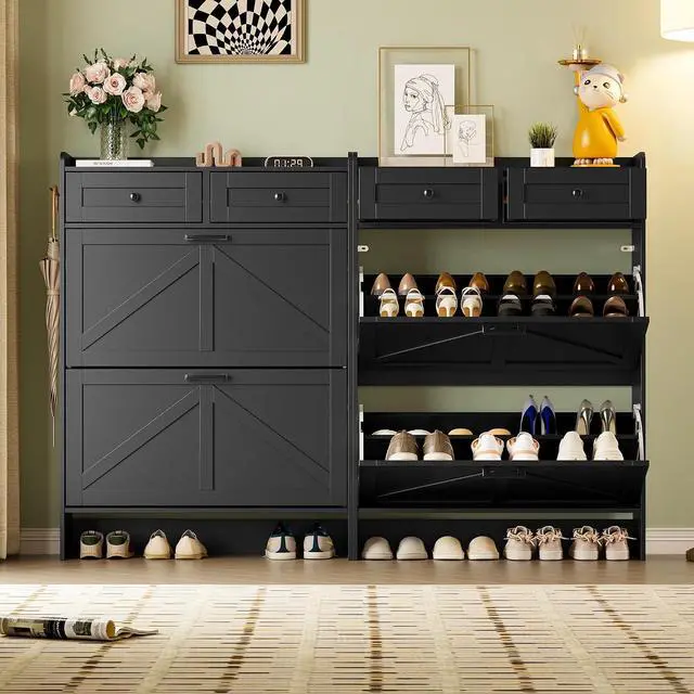 Alt view image 4 of 7 - Shoe Storage Cabinet for Entryway, Farmhouse Narrow Shoe Cabinet with 2 Flip Drawers & Top Drawers, Adjustable Shelves & Hooks, Freestanding Hidden Rack Organizer for Hallway, Foyer