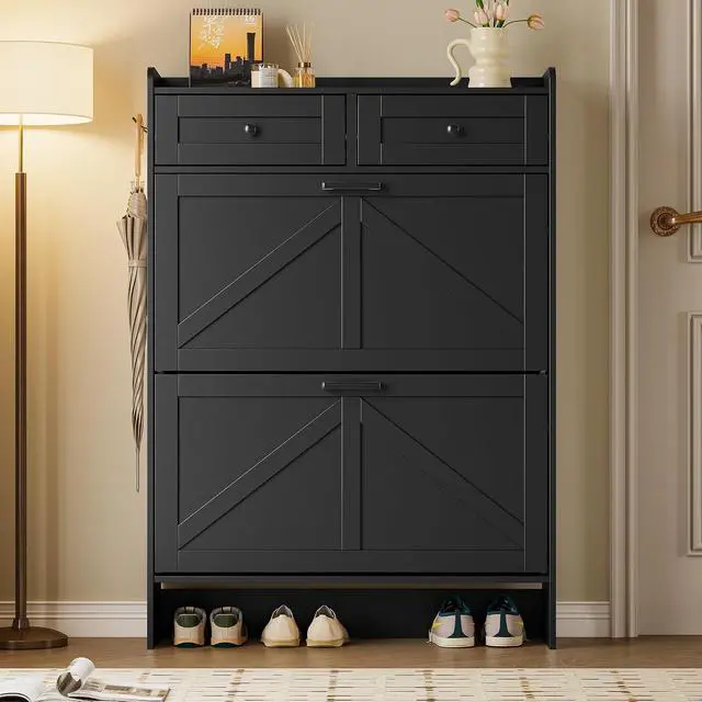 Alt view image 7 of 7 - Shoe Storage Cabinet for Entryway, Farmhouse Narrow Shoe Cabinet with 2 Flip Drawers & Top Drawers, Adjustable Shelves & Hooks, Freestanding Hidden Rack Organizer for Hallway, Foyer