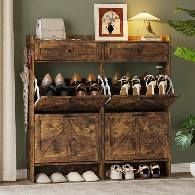 Main image of Shoe Storage Cabinet for Entryway, Farmhouse Wide Shoe Cabinet with 4 Flip Drawers and 2 Top Drawers, Freestanding Organizer with Adjustable Shelves, Hooks, and Anti-Tip Kit for Hallway