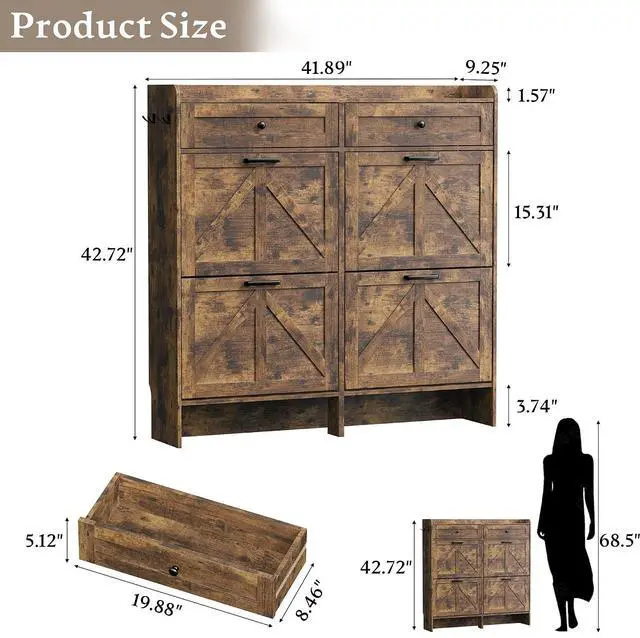 Alt view image 2 of 7 - Shoe Storage Cabinet for Entryway, Farmhouse Wide Shoe Cabinet with 4 Flip Drawers and 2 Top Drawers, Freestanding Organizer with Adjustable Shelves, Hooks, and Anti-Tip Kit for Hallway