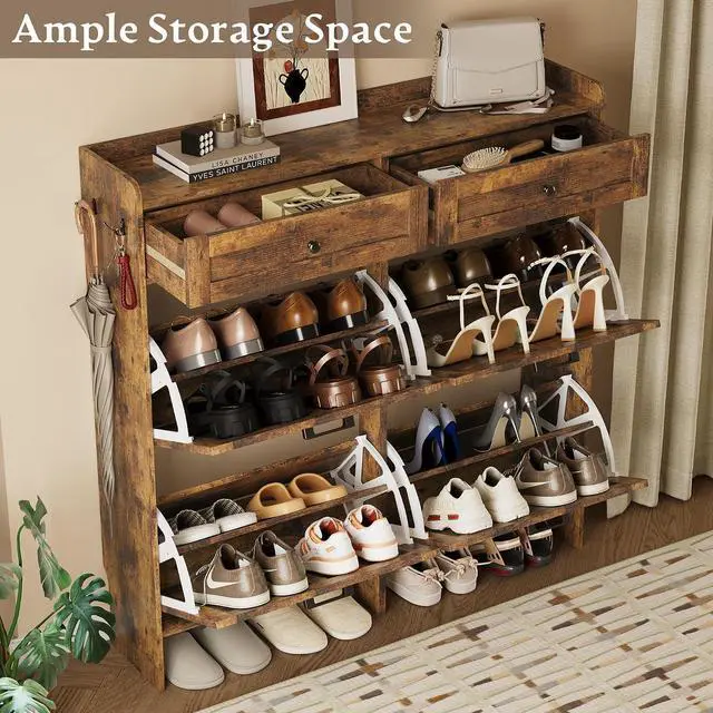 Alt view image 3 of 7 - Shoe Storage Cabinet for Entryway, Farmhouse Wide Shoe Cabinet with 4 Flip Drawers and 2 Top Drawers, Freestanding Organizer with Adjustable Shelves, Hooks, and Anti-Tip Kit for Hallway