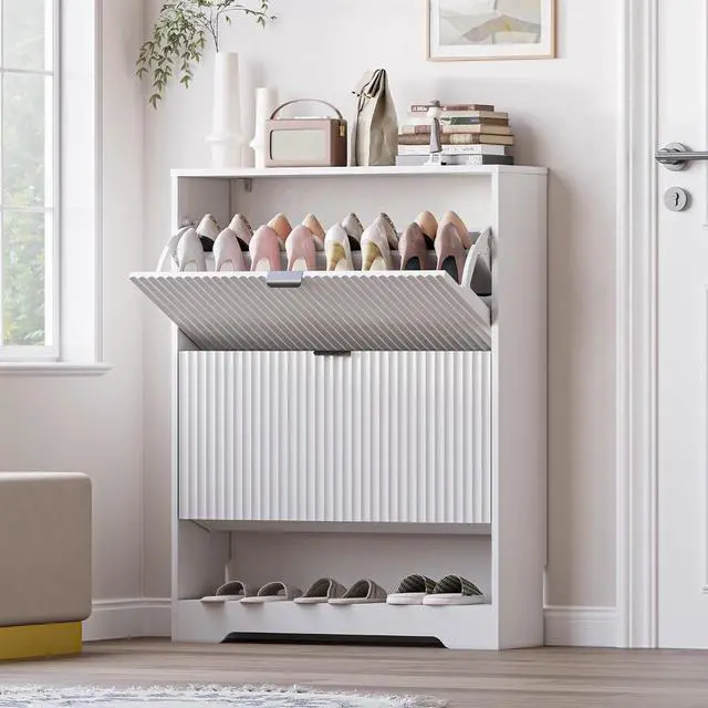 Main image of Shoe Cabinet with 2 Flip Drawers, Fluted Shoe Storage Cabinet with Adjustable Shelves, Freestanding Rack and Organizer for Entryway, Closet, Hallway