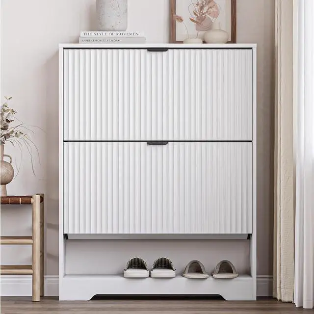Alt view image 6 of 7 - Shoe Cabinet with 2 Flip Drawers, Fluted Shoe Storage Cabinet with Adjustable Shelves, Freestanding Rack and Organizer for Entryway, Closet, Hallway