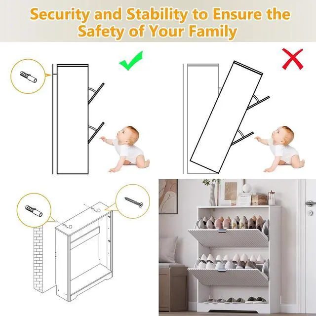 Alt view image 7 of 7 - Shoe Cabinet with 2 Flip Drawers, Fluted Shoe Storage Cabinet with Adjustable Shelves, Freestanding Rack and Organizer for Entryway, Closet, Hallway