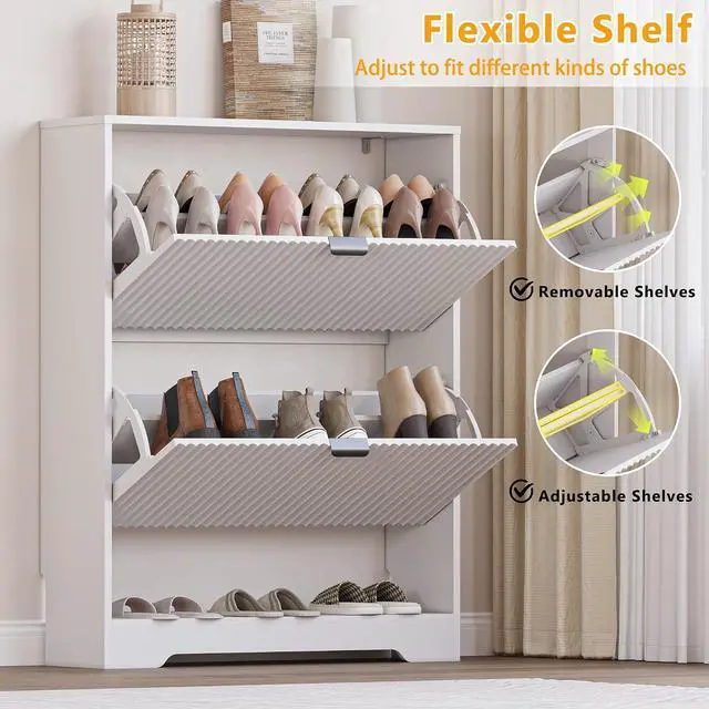 Alt view image 3 of 7 - Shoe Cabinet with 2 Flip Drawers, Fluted Shoe Storage Cabinet with Adjustable Shelves, Freestanding Rack and Organizer for Entryway, Closet, Hallway