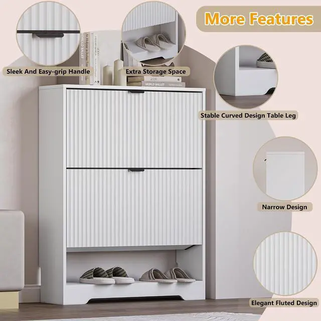 Alt view image 4 of 7 - Shoe Cabinet with 2 Flip Drawers, Fluted Shoe Storage Cabinet with Adjustable Shelves, Freestanding Rack and Organizer for Entryway, Closet, Hallway