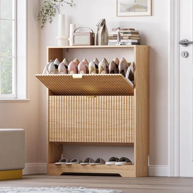 Main image of Shoe Cabinet with 2 Flip Drawers, Fluted Shoe Storage Cabinet with Adjustable Shelves, Freestanding Rack and Organizer for Entryway, Hallway