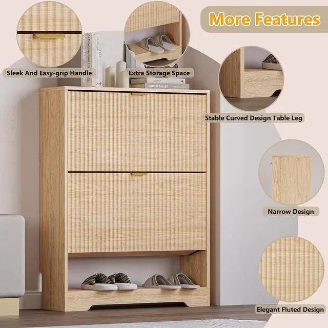 Alt view image 4 of 7 - Shoe Cabinet with 2 Flip Drawers, Fluted Shoe Storage Cabinet with Adjustable Shelves, Freestanding Rack and Organizer for Entryway, Hallway