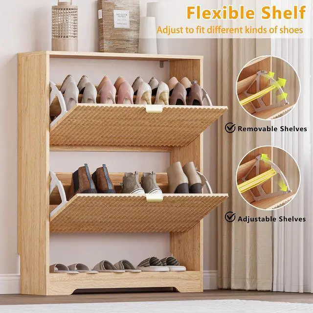 Alt view image 3 of 7 - Shoe Cabinet with 2 Flip Drawers, Fluted Shoe Storage Cabinet with Adjustable Shelves, Freestanding Rack and Organizer for Entryway, Hallway