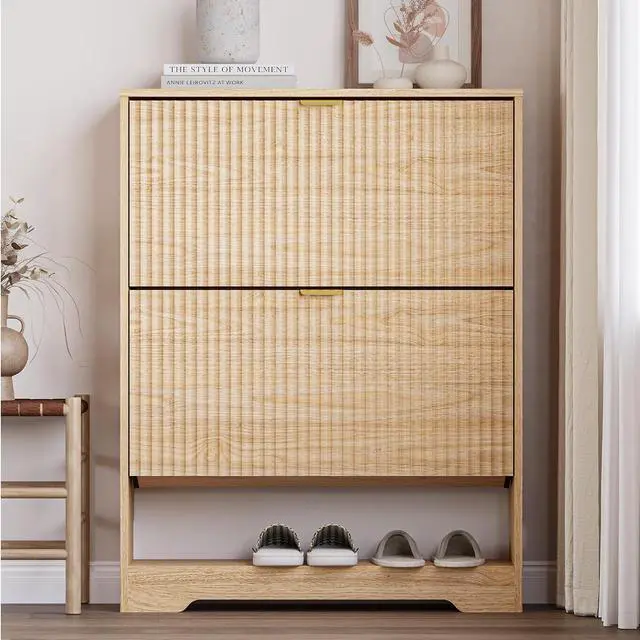 Alt view image 6 of 7 - Shoe Cabinet with 2 Flip Drawers, Fluted Shoe Storage Cabinet with Adjustable Shelves, Freestanding Rack and Organizer for Entryway, Hallway