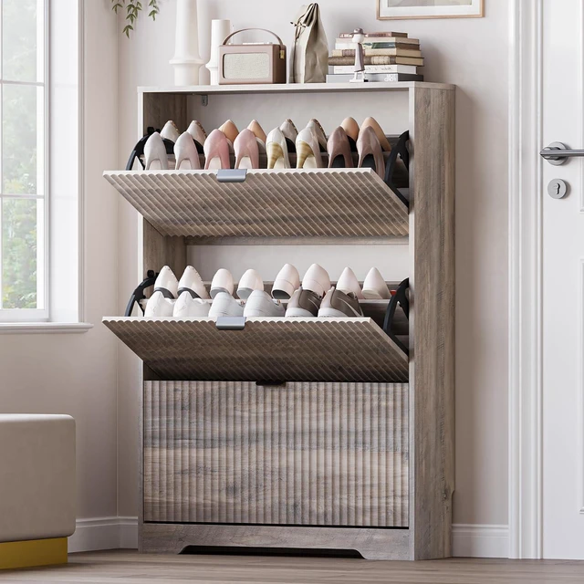 Main image of Entryway Shoe Cabinet with 3 Flip Drawers, Narrow Shoe Organizer Cabinet with Fluted Panel and Adjustable Shelves for Foyer, Hallway