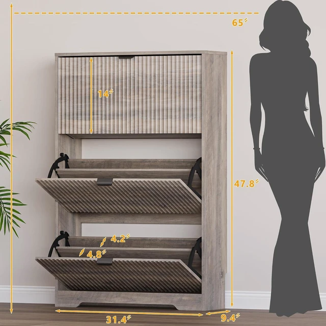 Alt view image 2 of 7 - Entryway Shoe Cabinet with 3 Flip Drawers, Narrow Shoe Organizer Cabinet with Fluted Panel and Adjustable Shelves for Foyer, Hallway