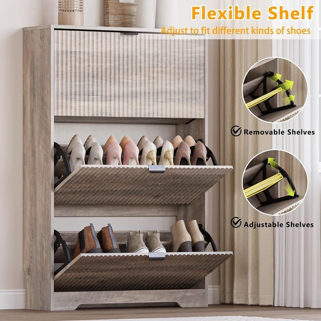 Alt view image 3 of 7 - Entryway Shoe Cabinet with 3 Flip Drawers, Narrow Shoe Organizer Cabinet with Fluted Panel and Adjustable Shelves for Foyer, Hallway