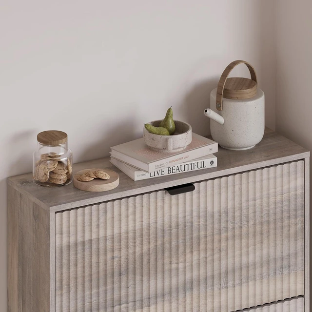 Alt view image 5 of 7 - Entryway Shoe Cabinet with 3 Flip Drawers, Narrow Shoe Organizer Cabinet with Fluted Panel and Adjustable Shelves for Foyer, Hallway