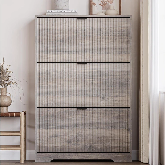 Alt view image 6 of 7 - Entryway Shoe Cabinet with 3 Flip Drawers, Narrow Shoe Organizer Cabinet with Fluted Panel and Adjustable Shelves for Foyer, Hallway