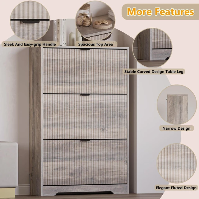 Alt view image 4 of 7 - Entryway Shoe Cabinet with 3 Flip Drawers, Narrow Shoe Organizer Cabinet with Fluted Panel and Adjustable Shelves for Foyer, Hallway