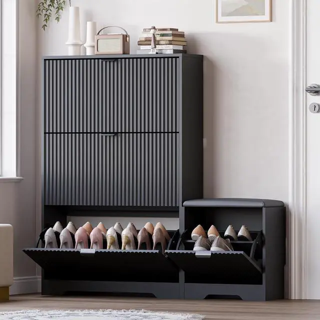 Main image of Slim Shoe Cabinet with Bench for Entryway, Hidden Storage and Adjustable Shelves, Free Standing Wooden Shoes Organizer for Hallway, Foyer