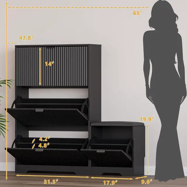 Alt view image 2 of 7 - Slim Shoe Cabinet with Bench for Entryway, Hidden Storage and Adjustable Shelves, Free Standing Wooden Shoes Organizer for Hallway, Foyer