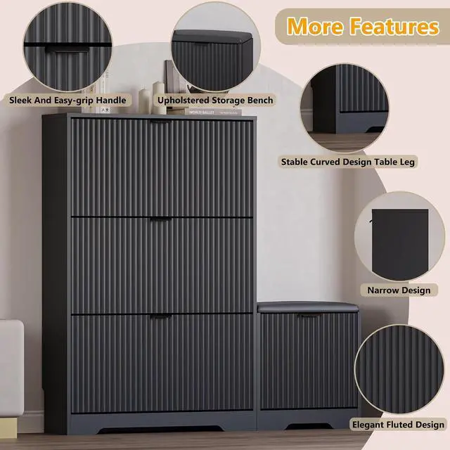Alt view image 4 of 7 - Slim Shoe Cabinet with Bench for Entryway, Hidden Storage and Adjustable Shelves, Free Standing Wooden Shoes Organizer for Hallway, Foyer